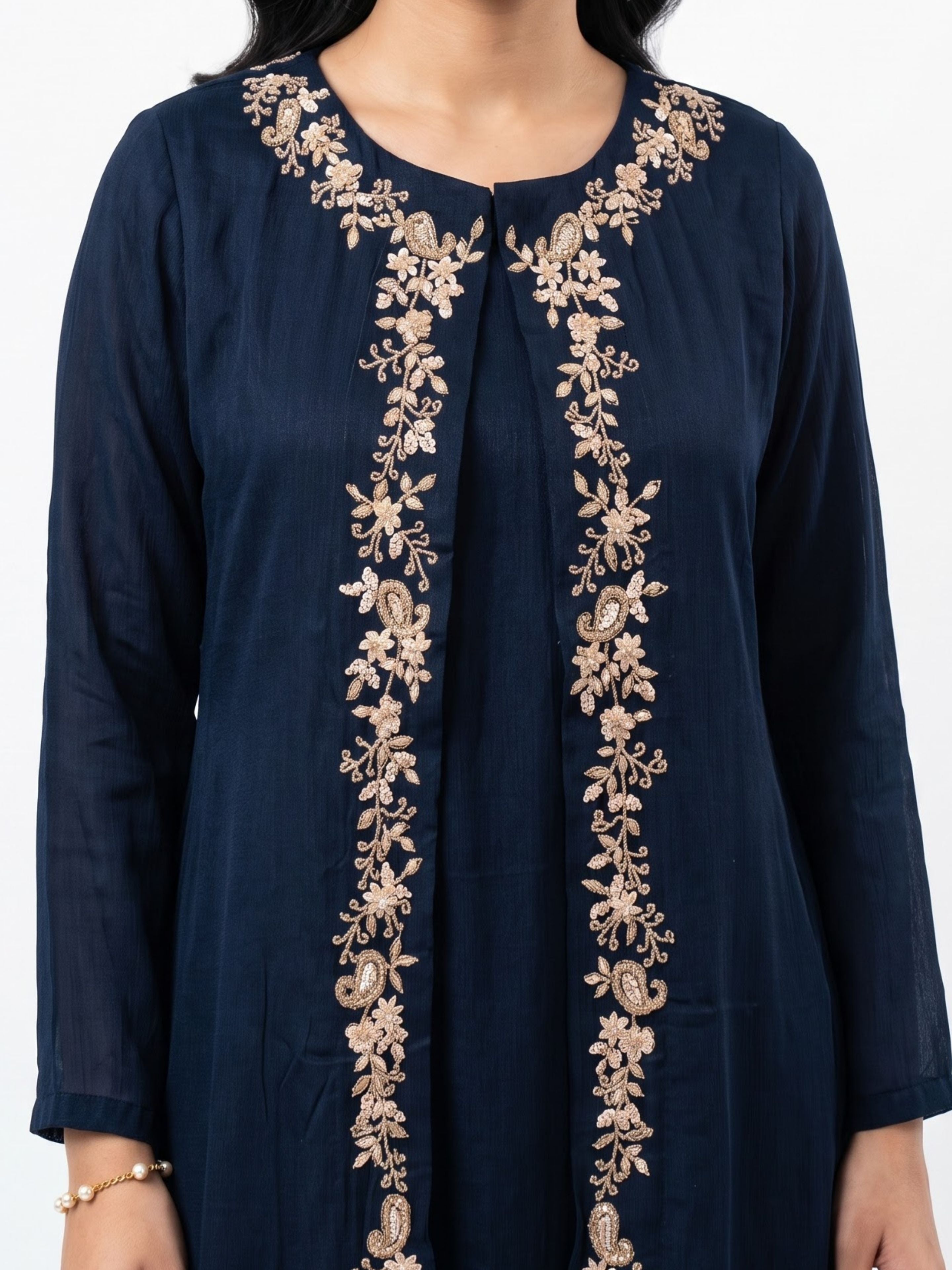 Navy Blue Chinon Shirt, Palazzo, Shrug And Dupatta with Cutdana, Sequins, Pearl and Dabka Embroidery 4
